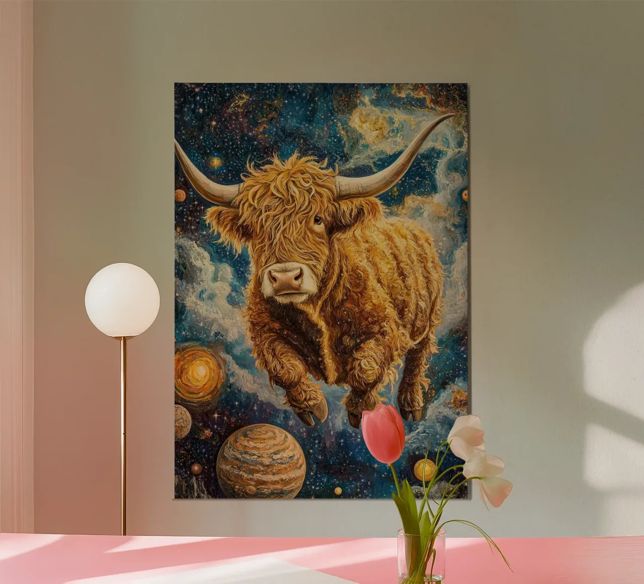 Mucca Highland Viaggi nello spazio poster con telaio in alluminio da Nikis Art Studio