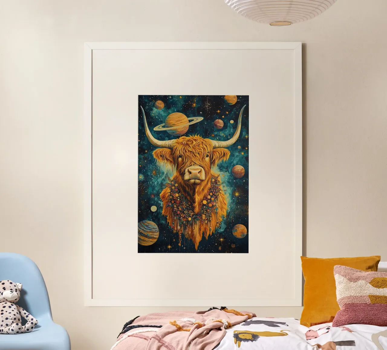 Mucca Highland Viaggi nello spazio poster da Nikis Art Studio