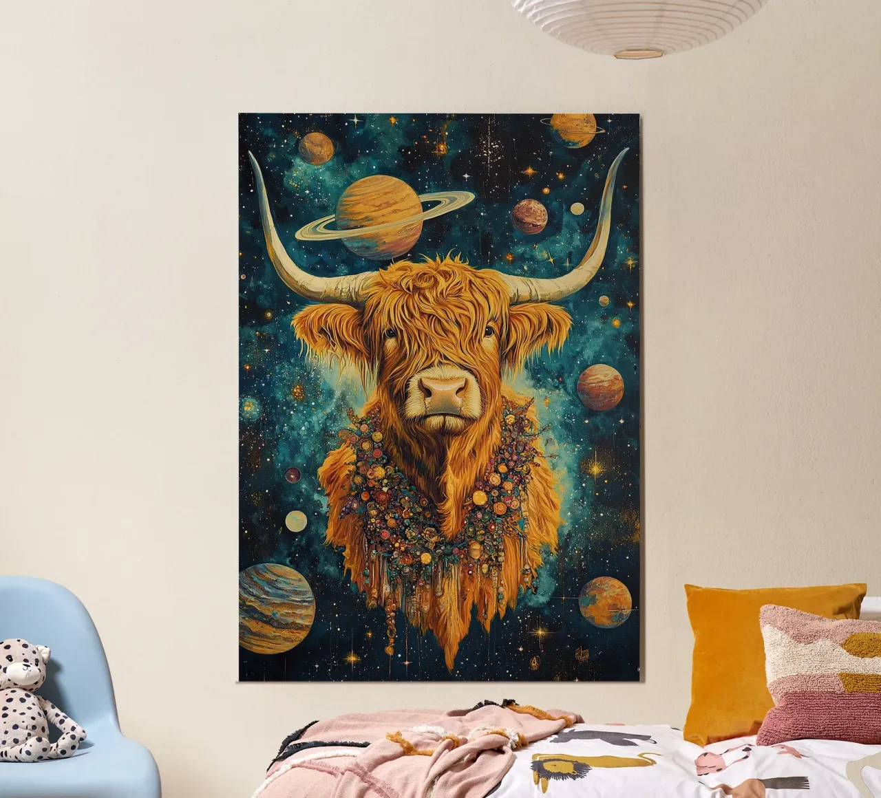 Mucca Highland Viaggi nello spazio poster da Nikis Art Studio