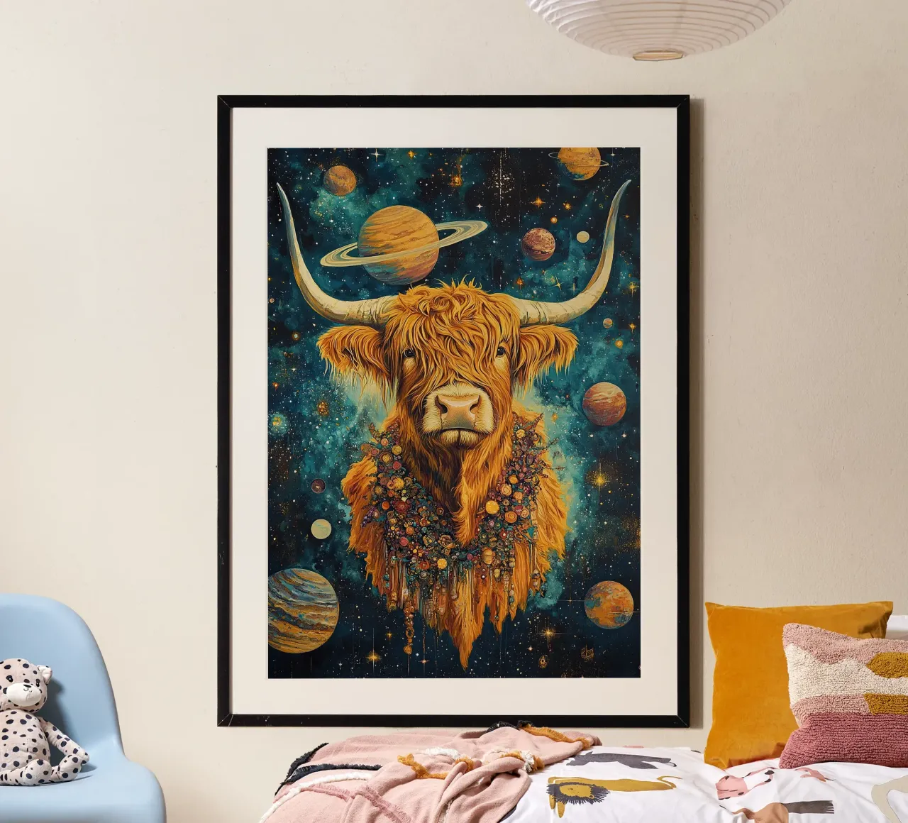 Mucca Highland Viaggi nello spazio poster da Nikis Art Studio