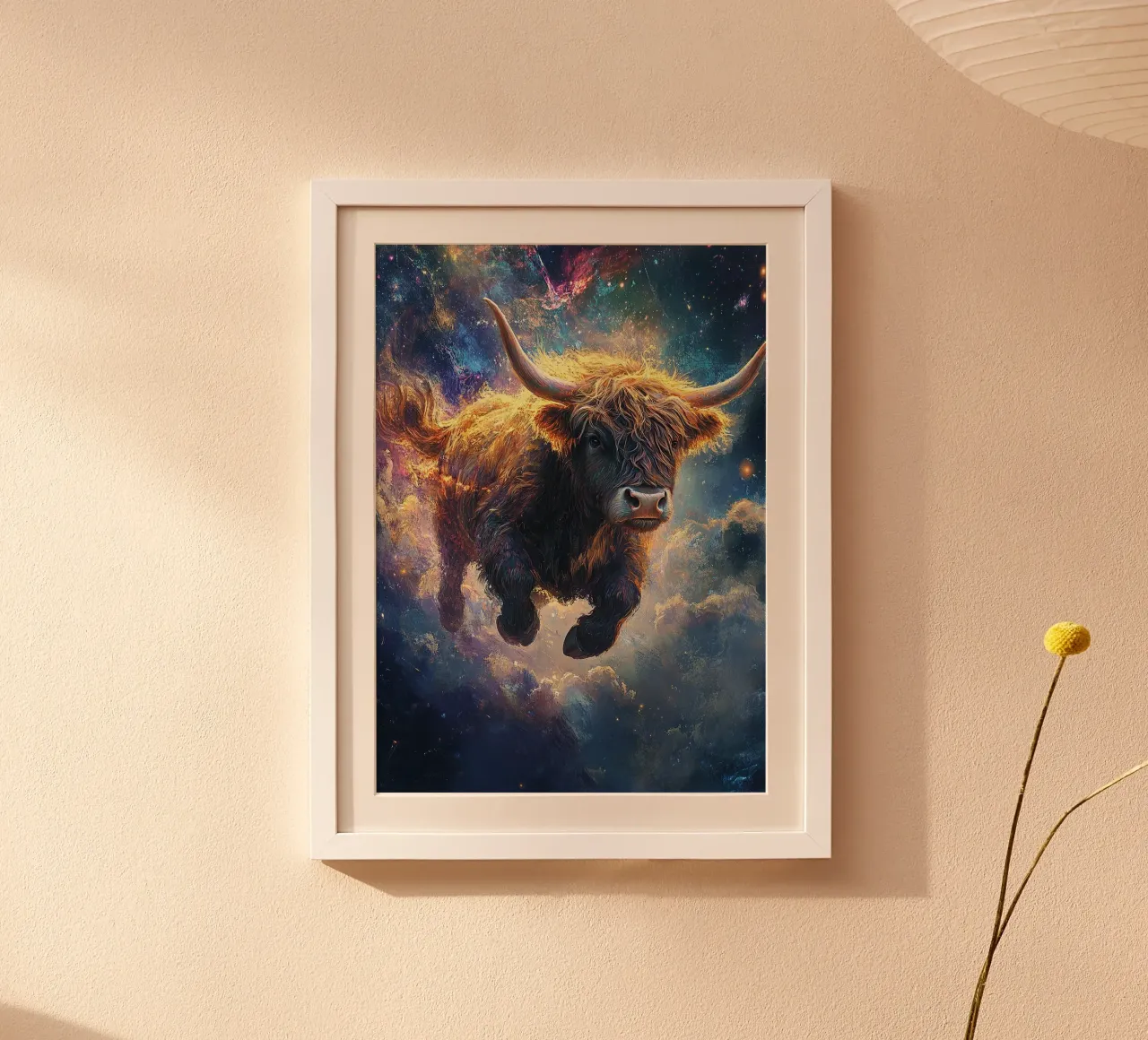 Mucca Highland Viaggi nello spazio poster da Nikis Art Studio