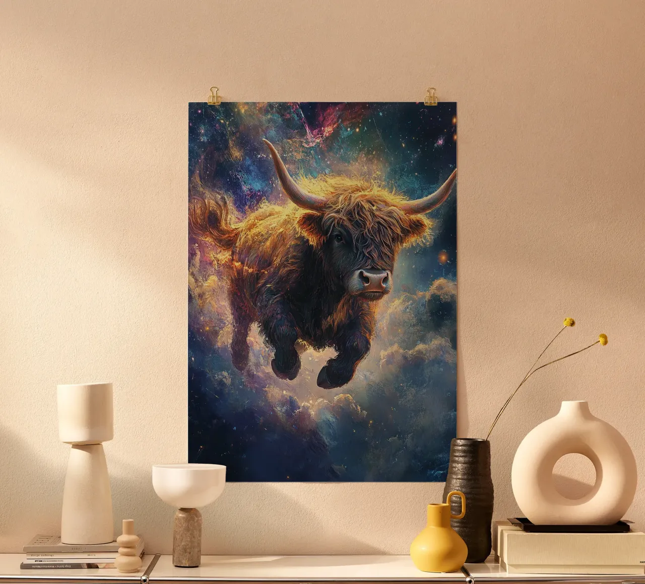 Mucca Highland Viaggi nello spazio poster da Nikis Art Studio