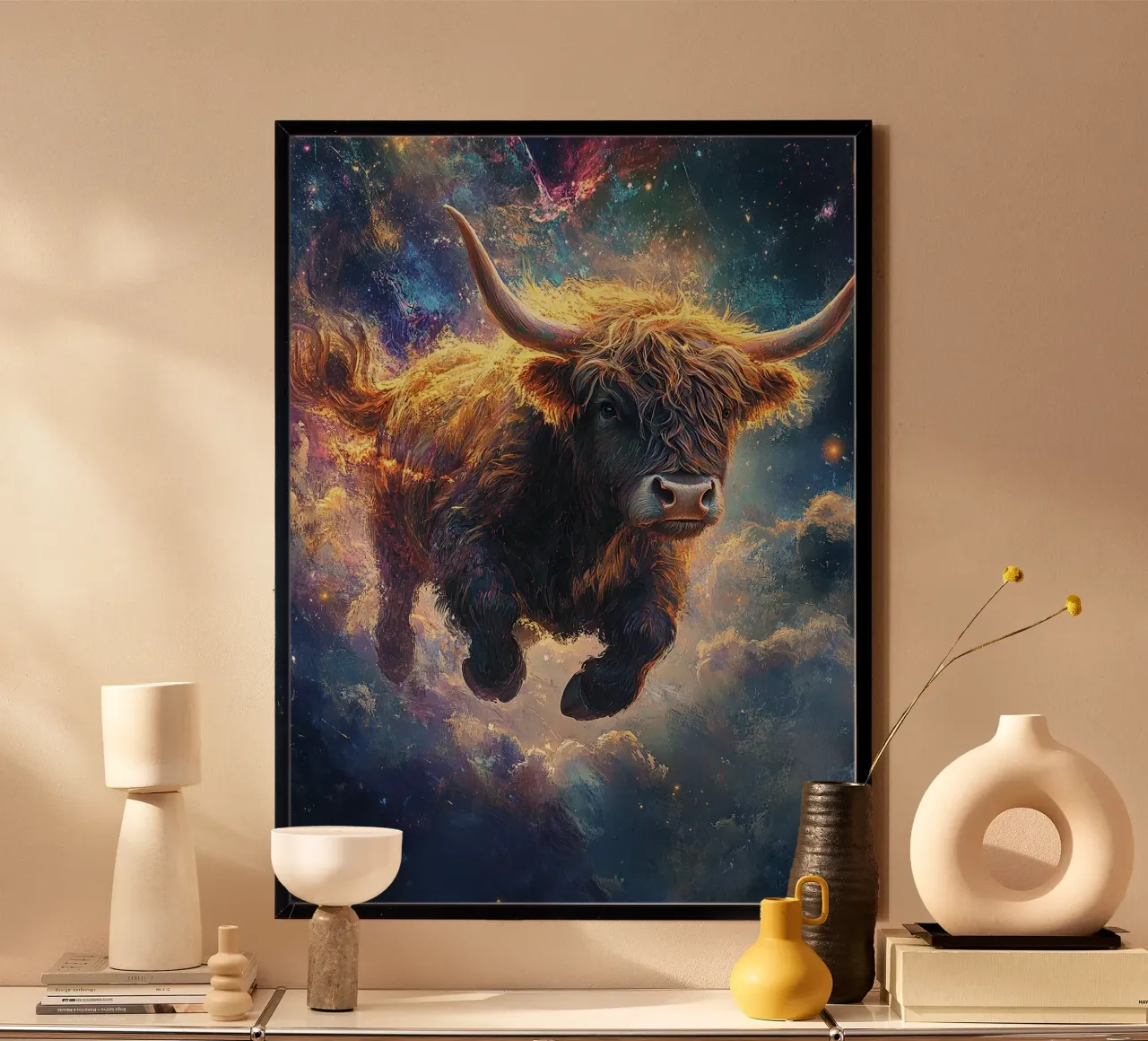Mucca Highland Viaggi nello spazio poster da Nikis Art Studio
