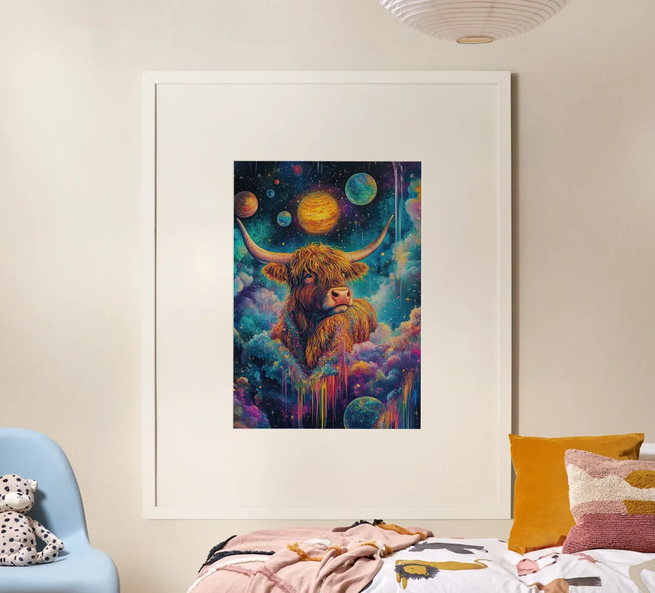 Mucca Highland Viaggi nello spazio poster da Nikis Art Studio