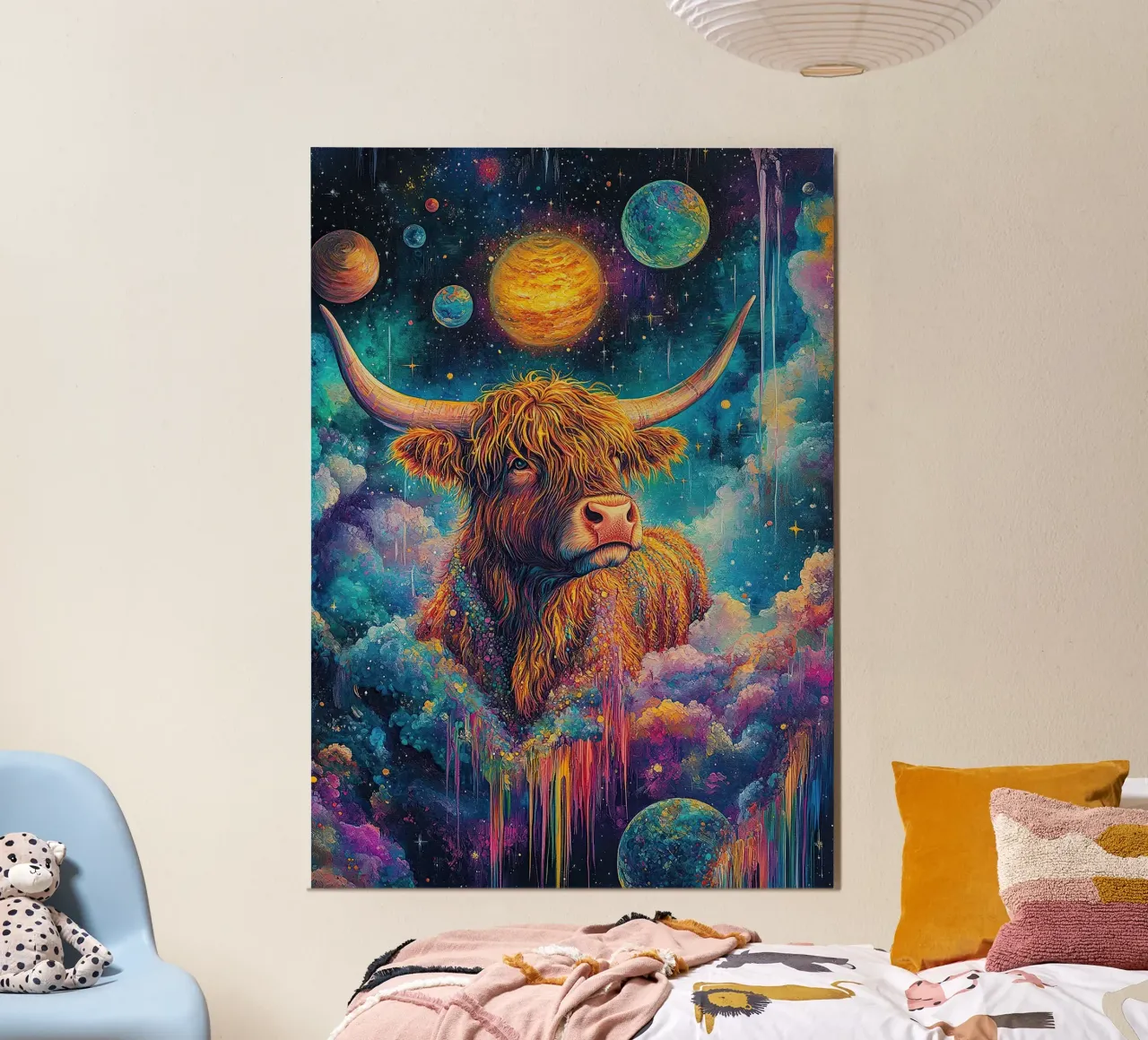Mucca Highland Viaggi nello spazio poster da Nikis Art Studio
