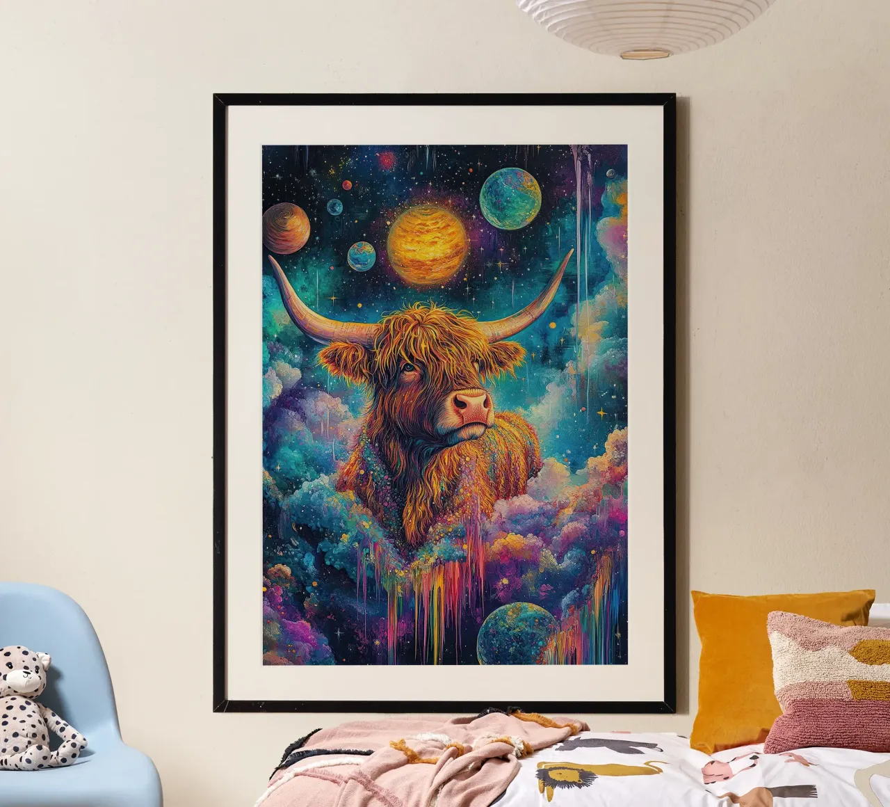 Mucca Highland Viaggi nello spazio poster da Nikis Art Studio