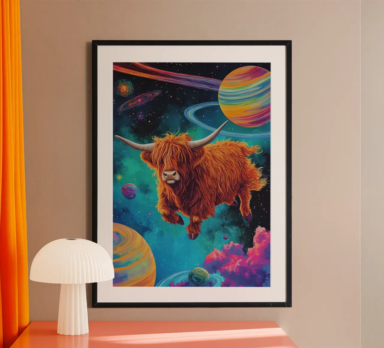 Mucca Highland Viaggi nello spazio poster da Nikis Art Studio