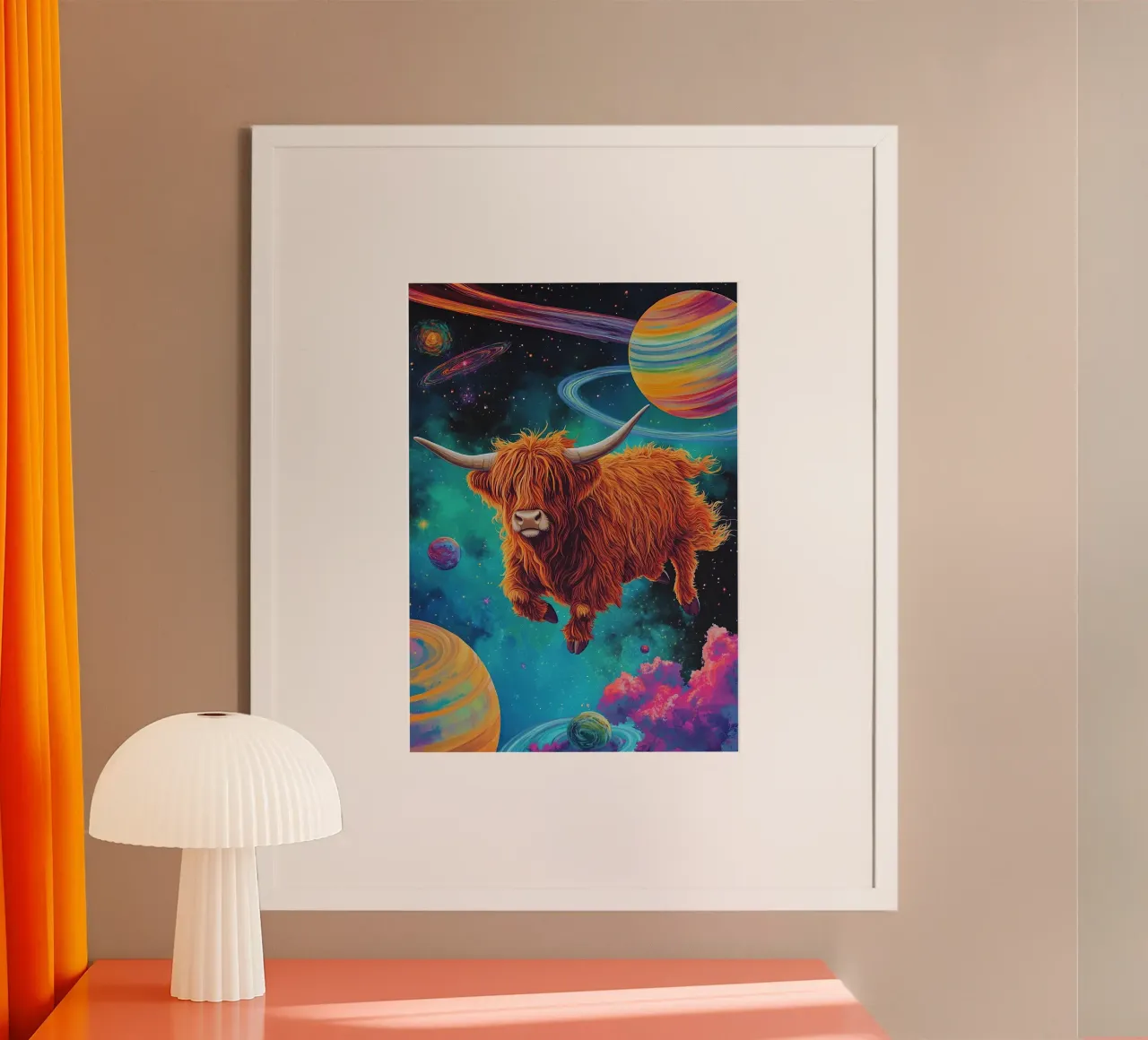 Mucca Highland Viaggi nello spazio poster da Nikis Art Studio