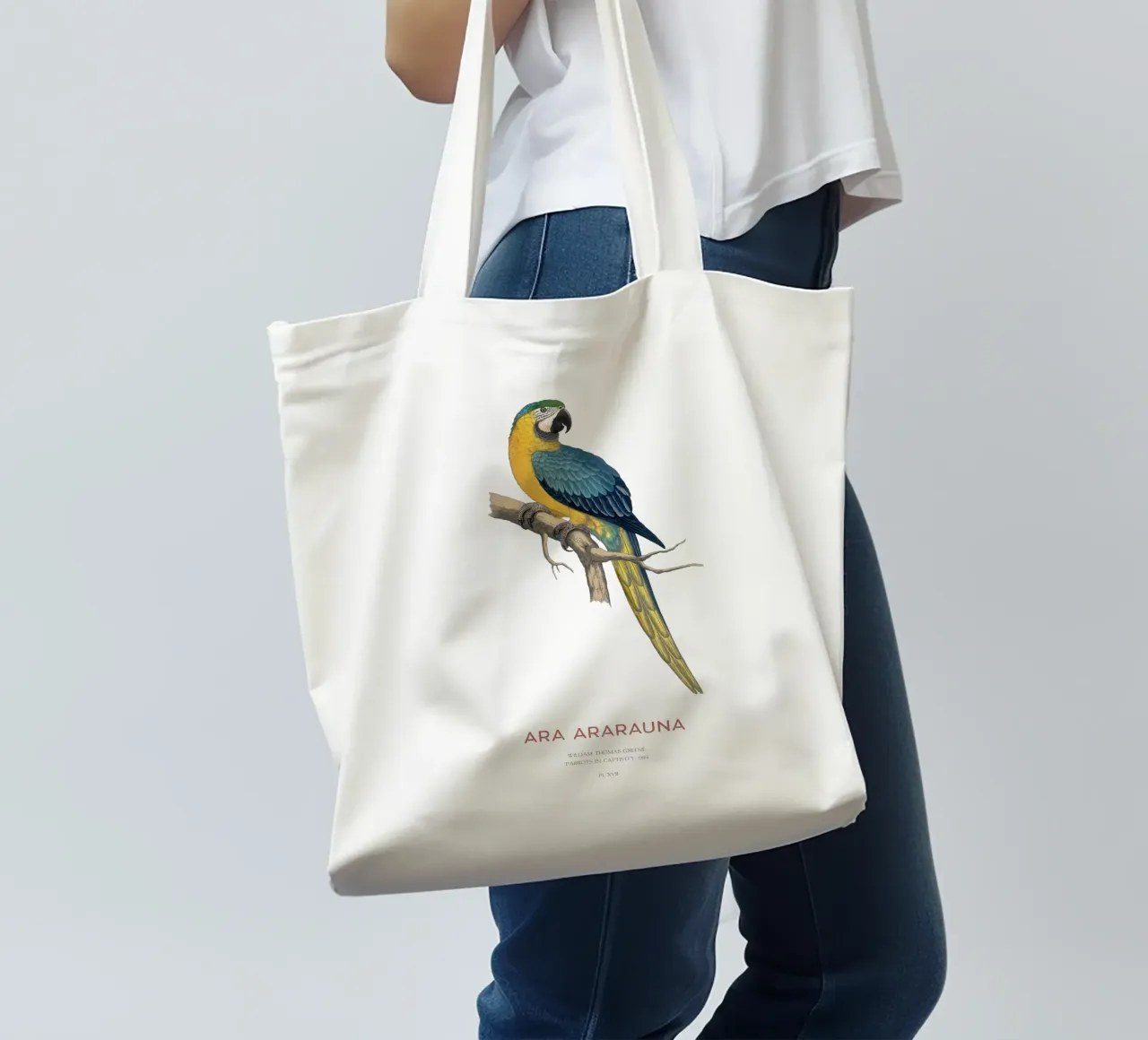 Blauer und gelber Ara oder Ara ararauna Jutebeutel von Vintagrafica