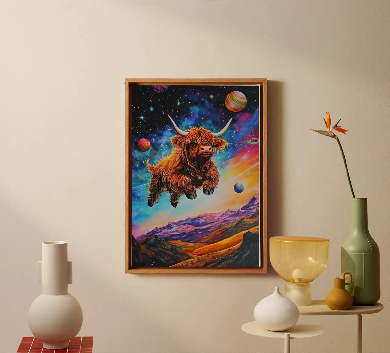 Mucca Highland Viaggi nello spazio tela con Cornice a cassetta da Nikis Art Studio