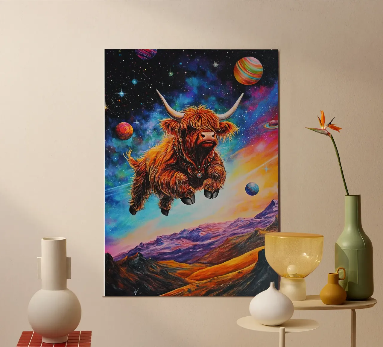 Mucca Highland Viaggi nello spazio poster da Nikis Art Studio