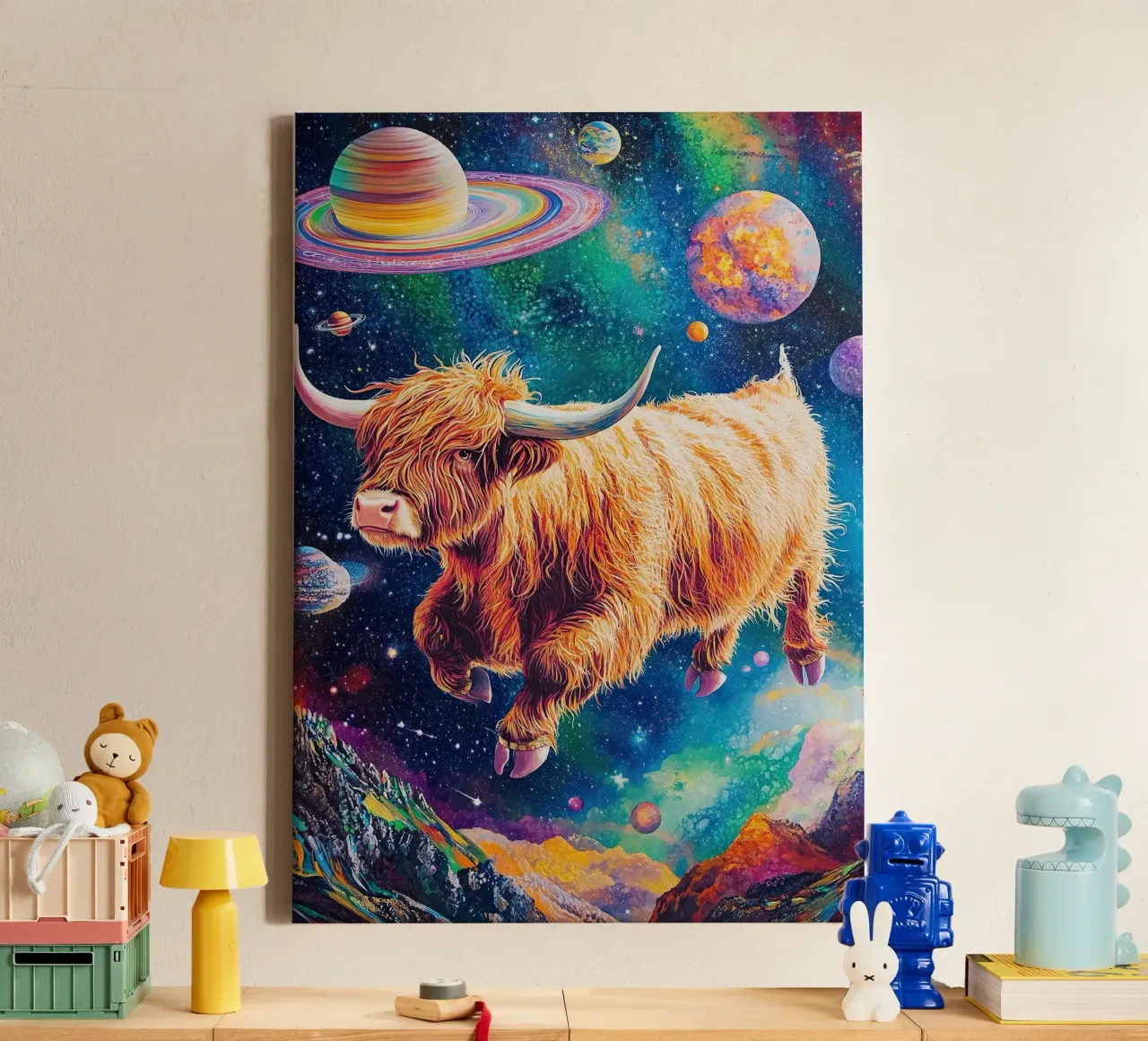 Mucca Highland Viaggi nello spazio tela con Cornice a cassetta da Nikis Art Studio