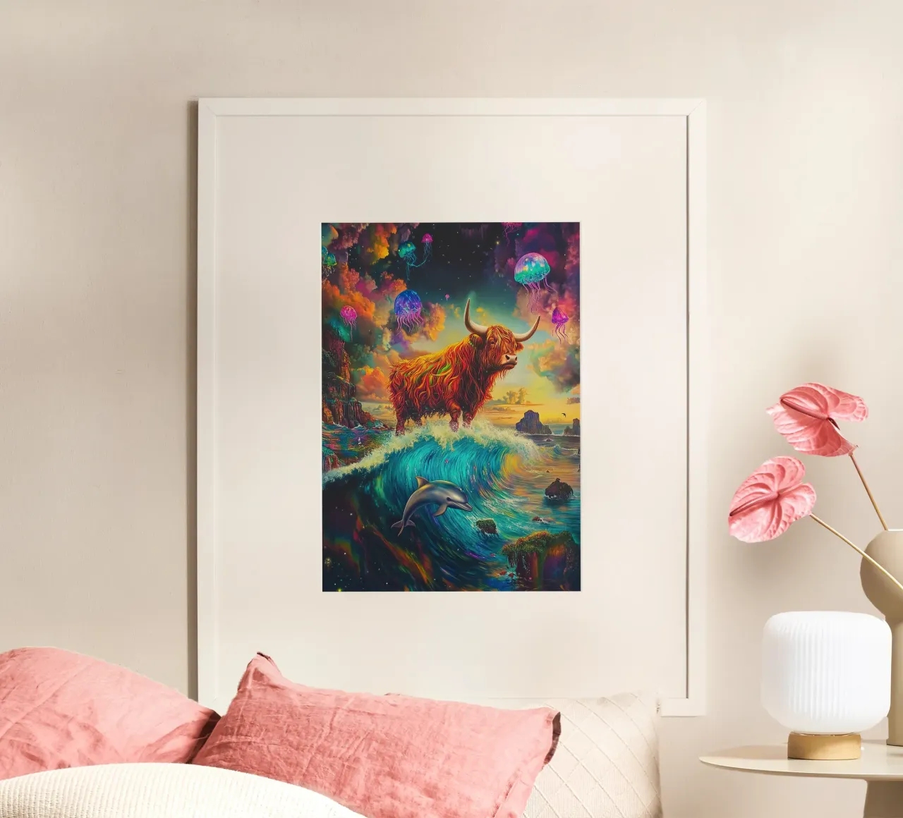 Mucca Highland Viaggi nello spazio poster da Nikis Art Studio