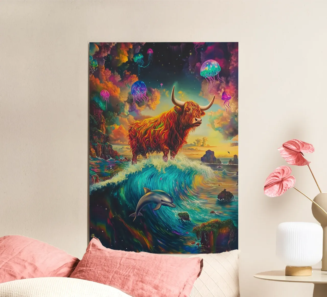 Mucca Highland Viaggi nello spazio poster da Nikis Art Studio