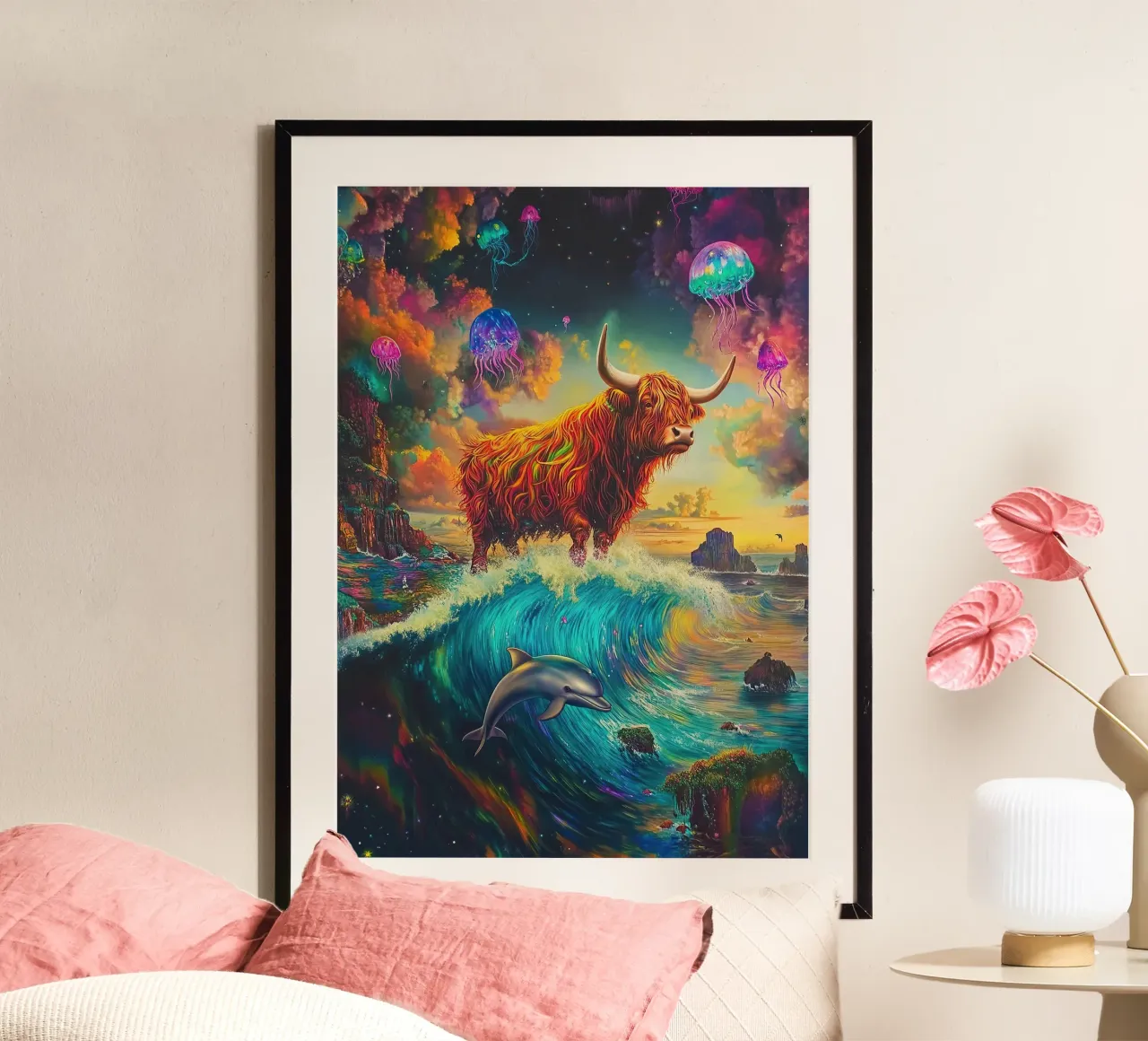 Mucca Highland Viaggi nello spazio poster da Nikis Art Studio