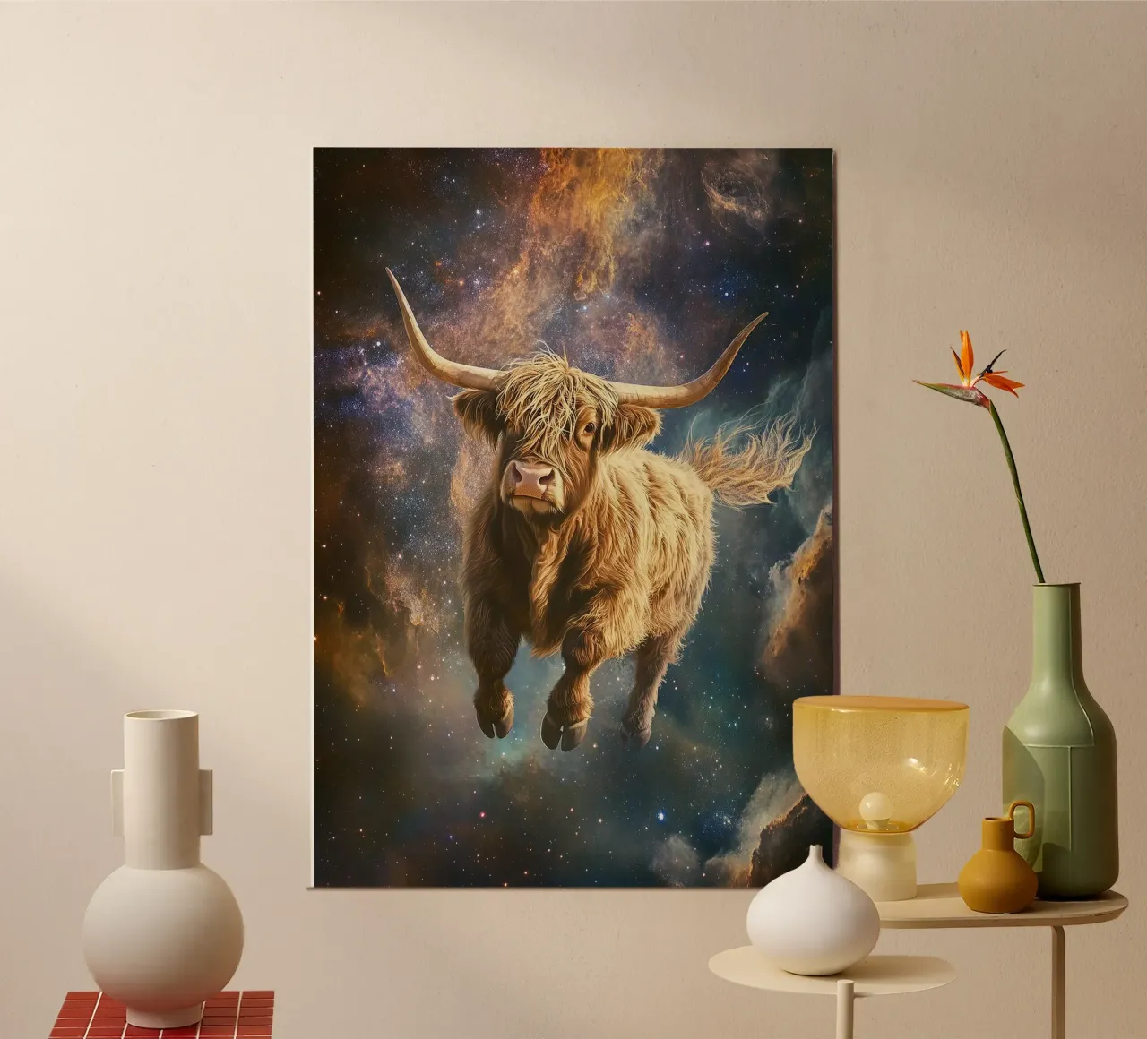 Mucca Highland Viaggi nello spazio poster con telaio in legno da Nikis Art Studio