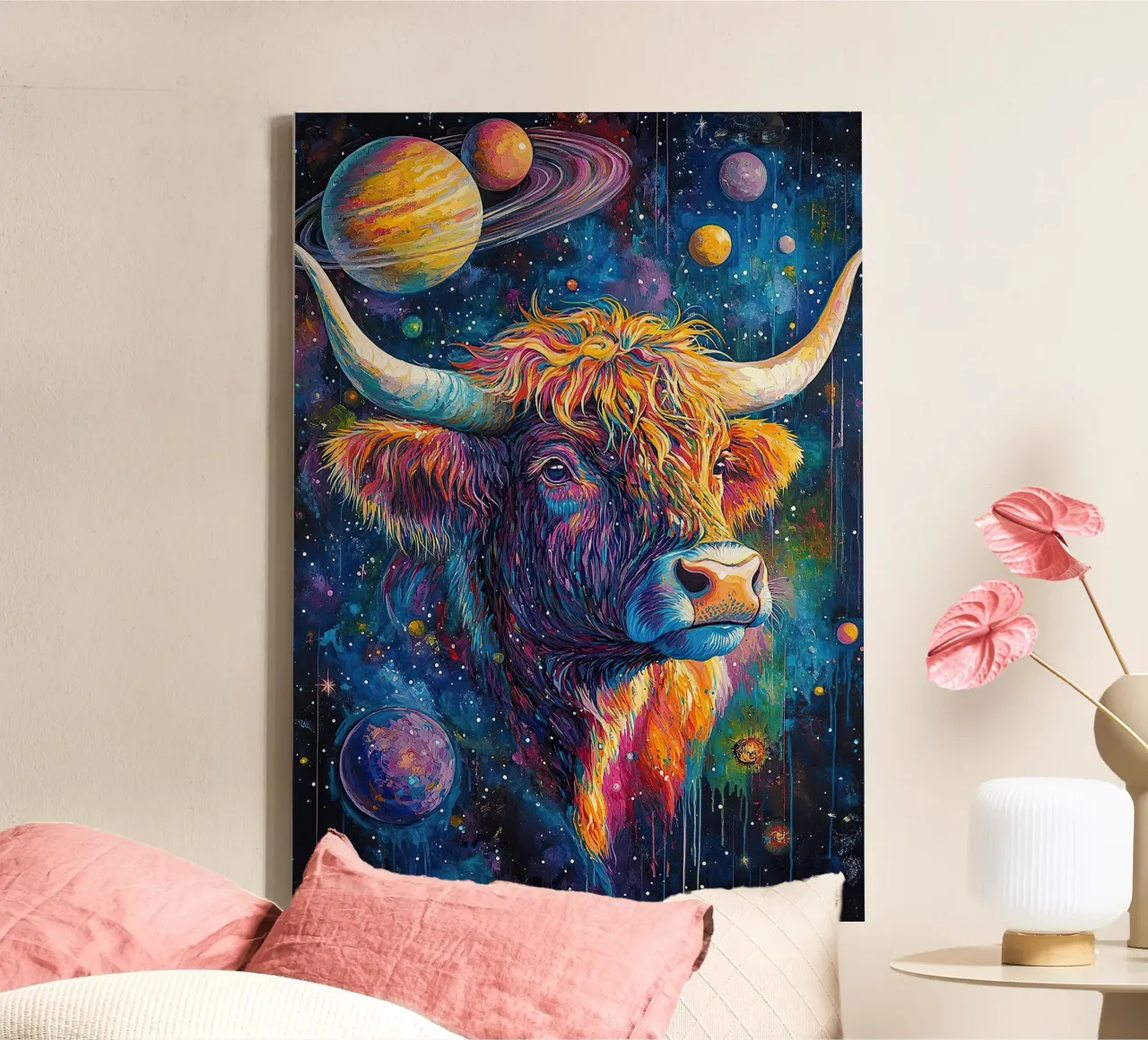 Mucca Highland Viaggi nello spazio tela con Cornice a cassetta da Nikis Art Studio
