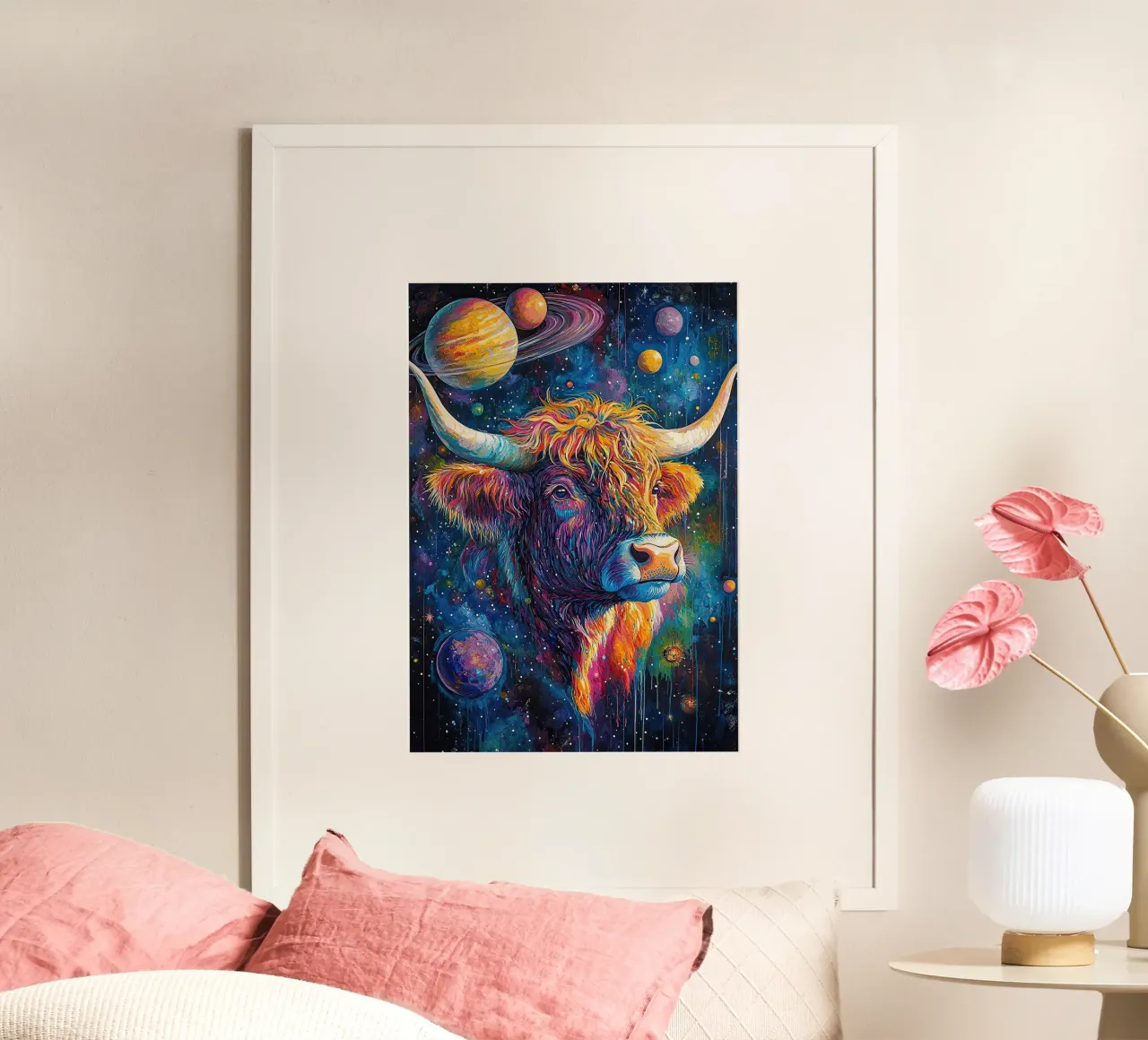 Mucca Highland Viaggi nello spazio poster da Nikis Art Studio