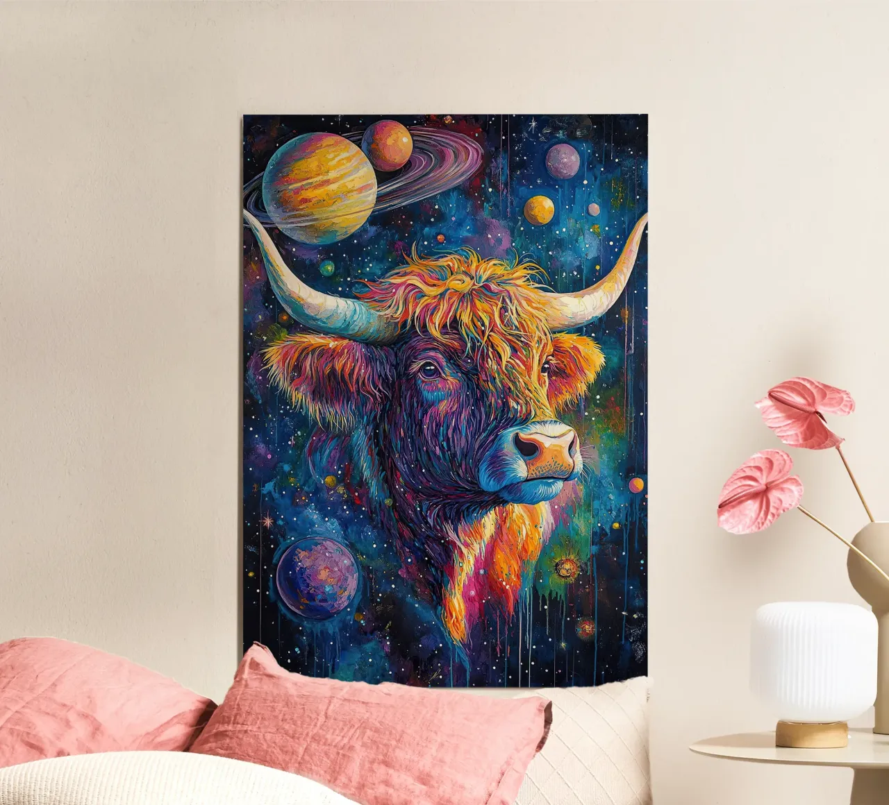 Mucca Highland Viaggi nello spazio poster da Nikis Art Studio
