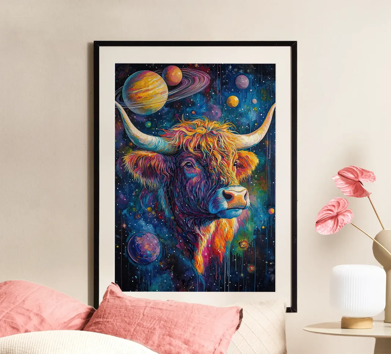 Mucca Highland Viaggi nello spazio poster da Nikis Art Studio
