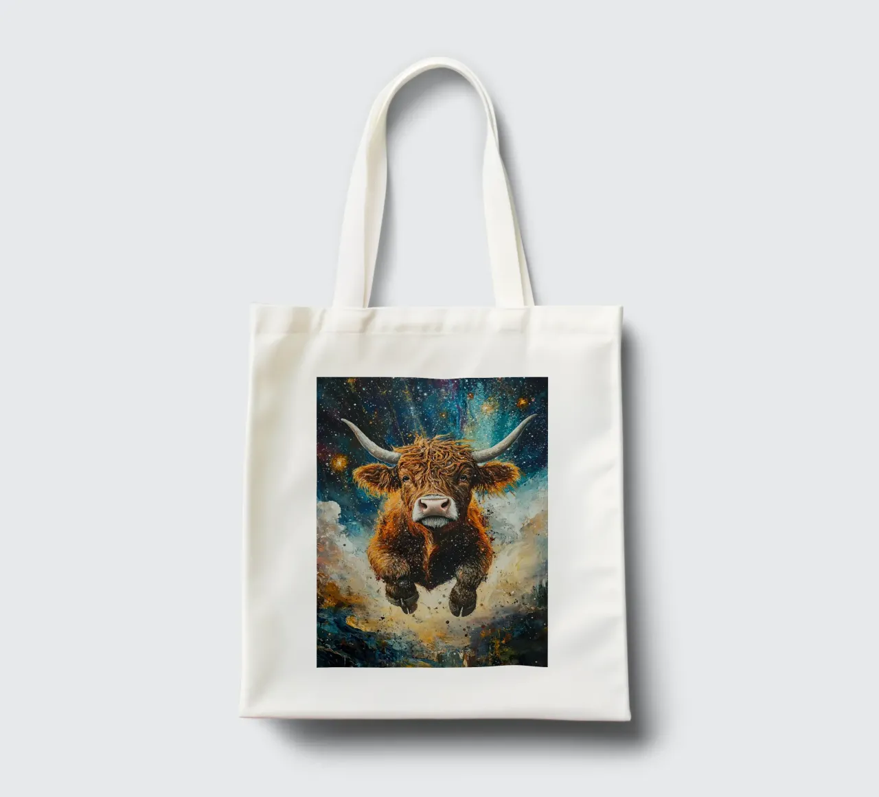 Mucca Highland Viaggi nello spazio borsa in juta da Nikis Art Studio
