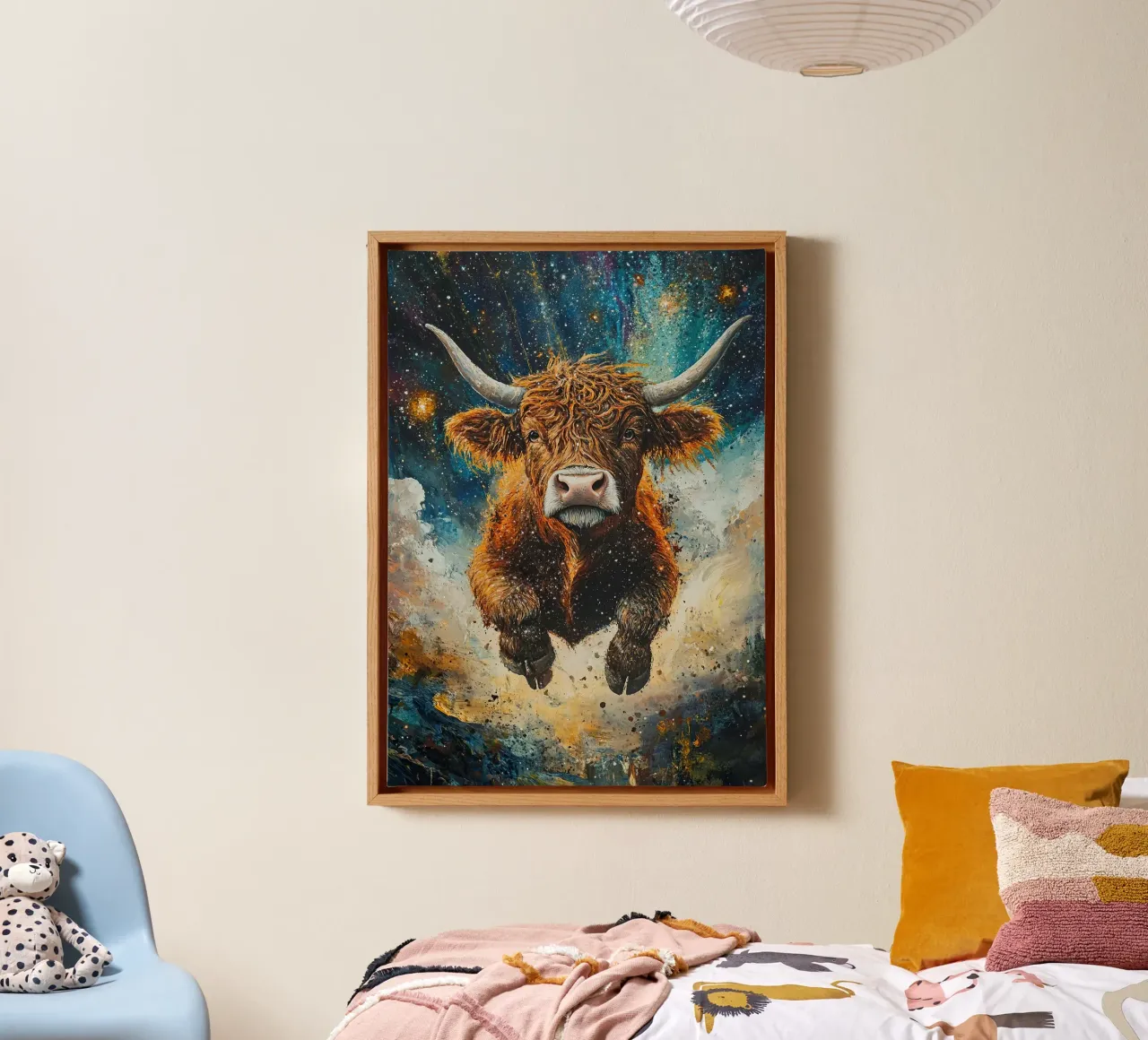 Mucca Highland Viaggi nello spazio tela con Cornice a cassetta da Nikis Art Studio