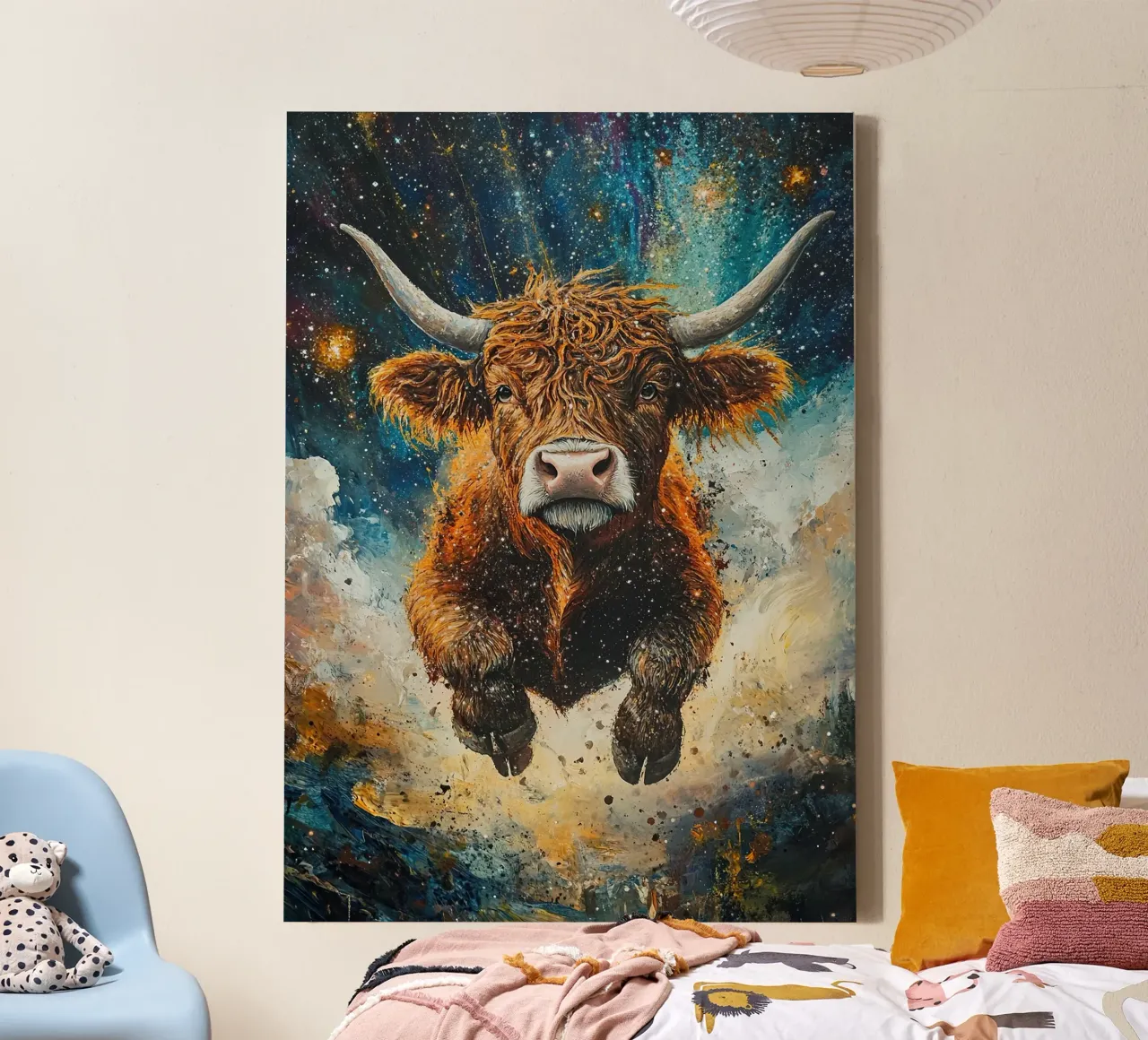 Mucca Highland Viaggi nello spazio tela con Cornice a cassetta da Nikis Art Studio