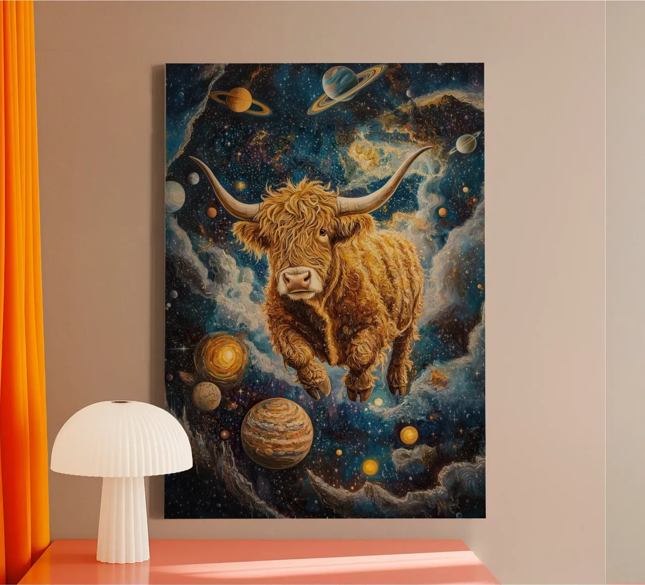 Mucca Highland Viaggi nello spazio tela con Cornice a cassetta da Nikis Art Studio