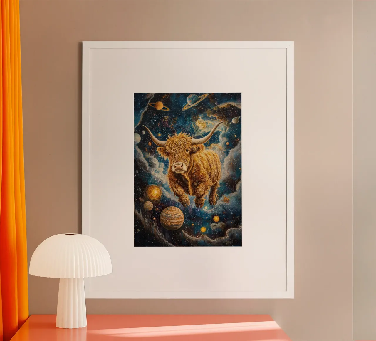 Mucca Highland Viaggi nello spazio poster da Nikis Art Studio