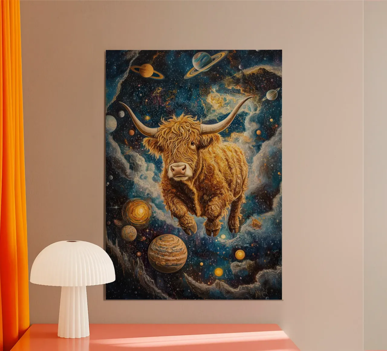 Mucca Highland Viaggi nello spazio poster da Nikis Art Studio