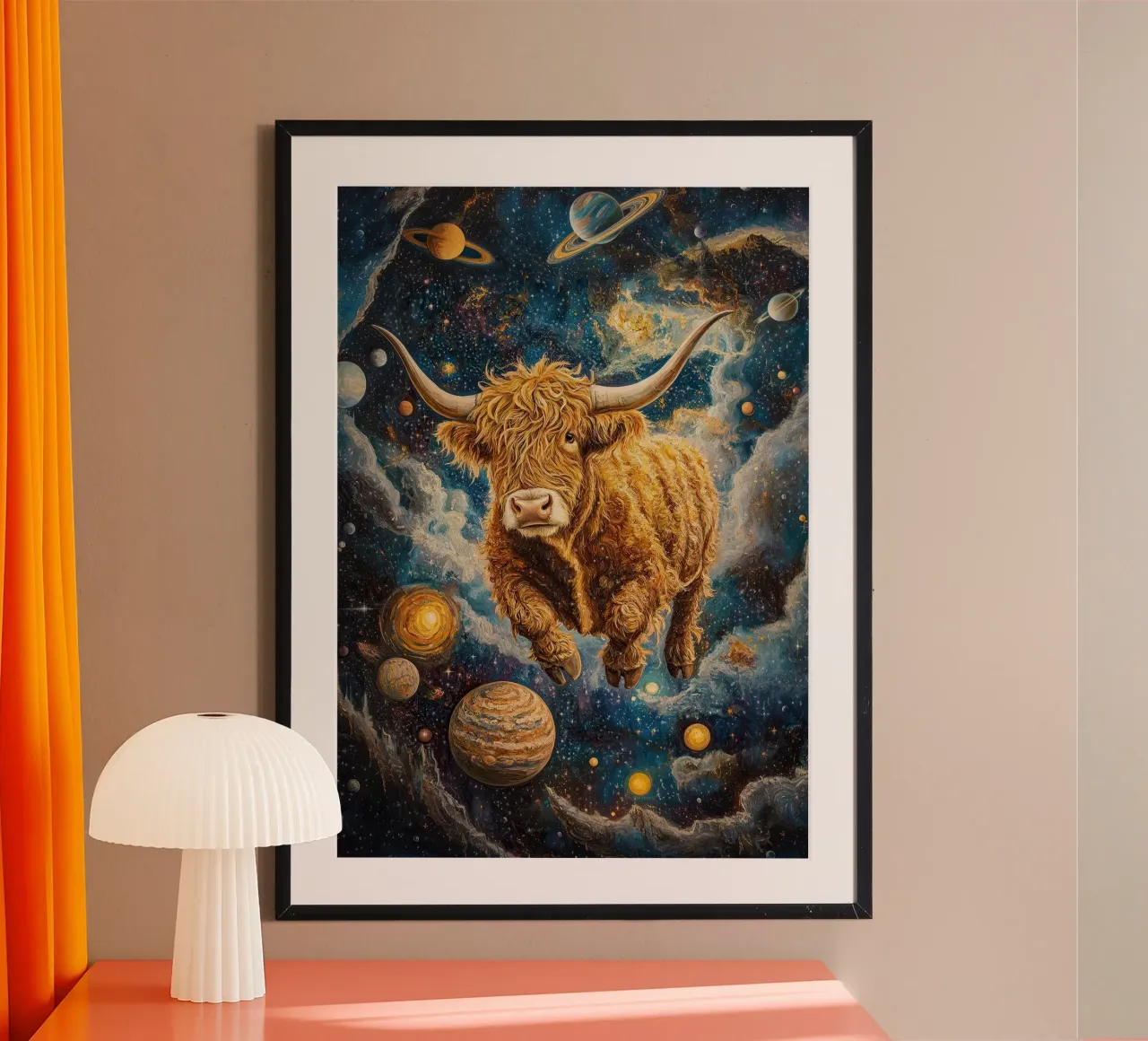Mucca Highland Viaggi nello spazio poster da Nikis Art Studio