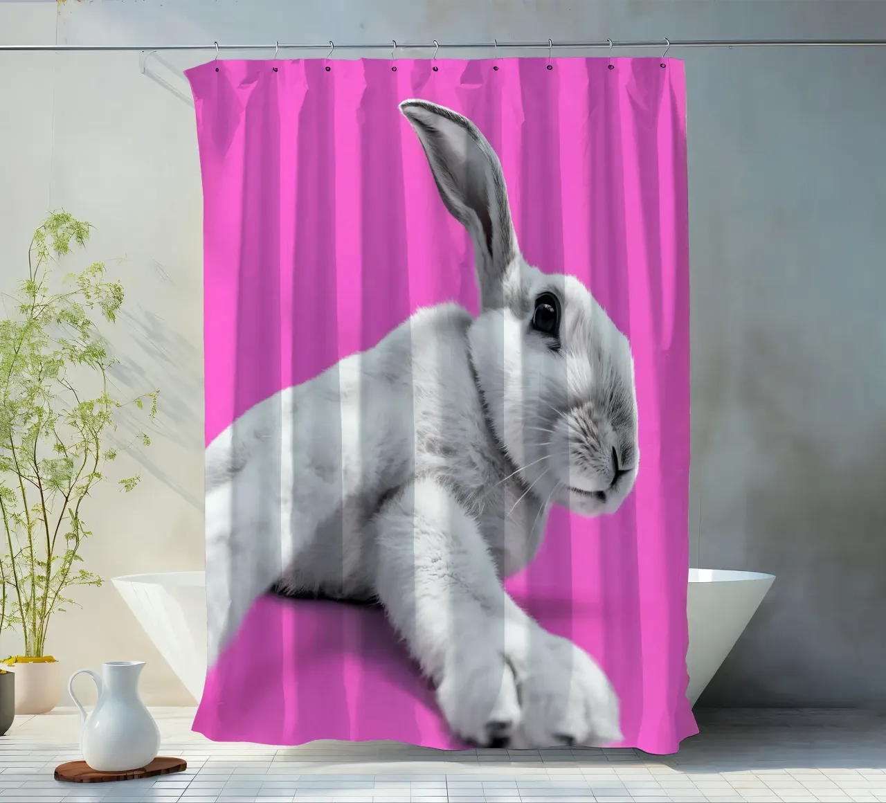 Coniglietto moderno pop art in scena rosa tenda da doccia da Studio Mooodz