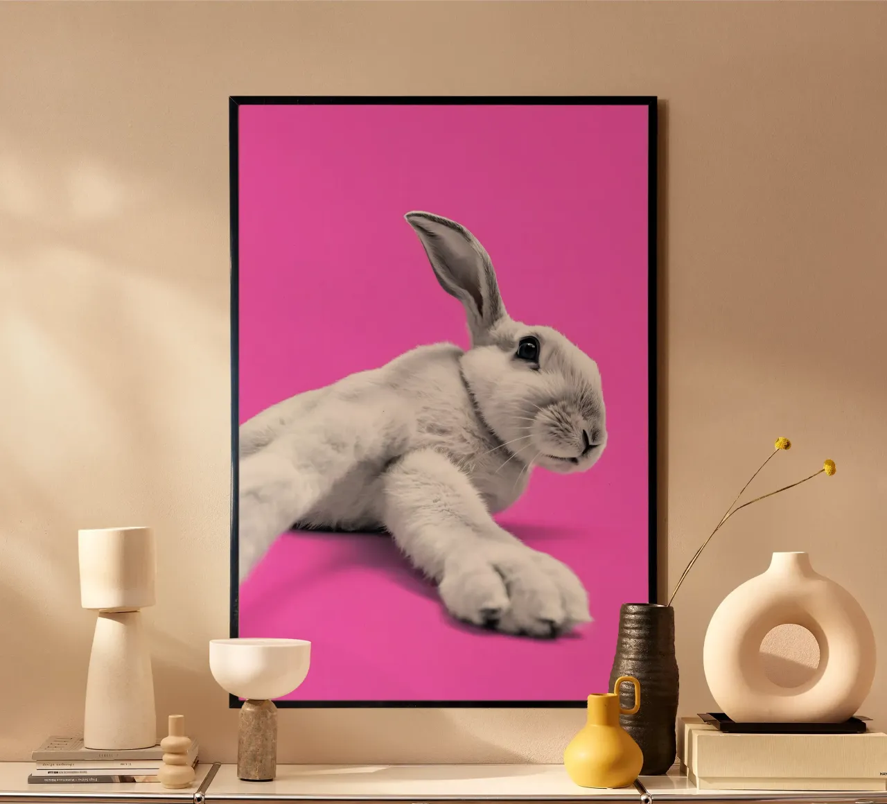 Coniglietto moderno pop art in scena rosa poster da Studio Mooodz