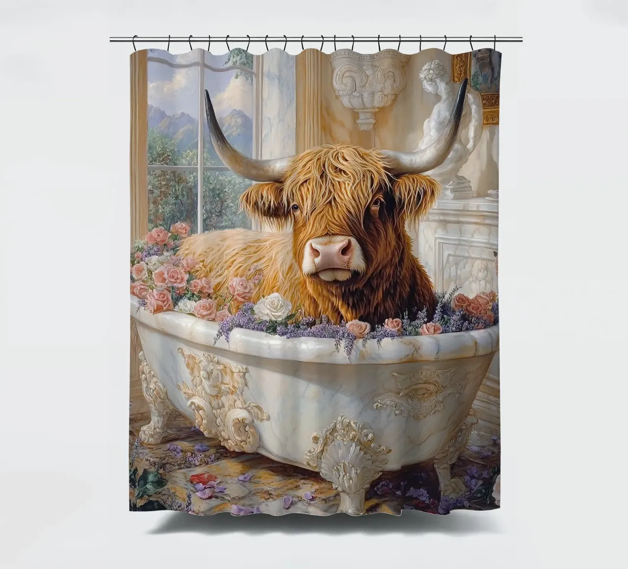 Mucca Highland nella vasca da bagno tenda da doccia da Nikis Art Studio