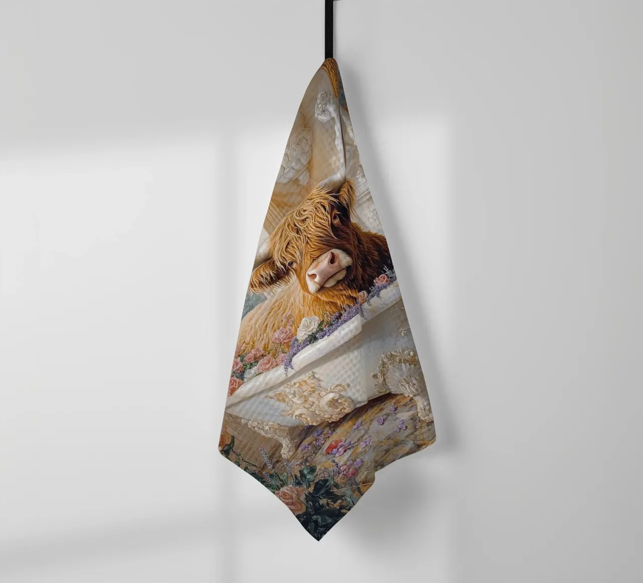 Mucca Highland nella vasca da bagno canovaccio da cucina da Nikis Art Studio