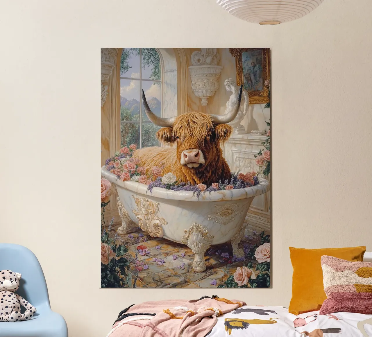 Mucca Highland nella vasca da bagno poster da Nikis Art Studio