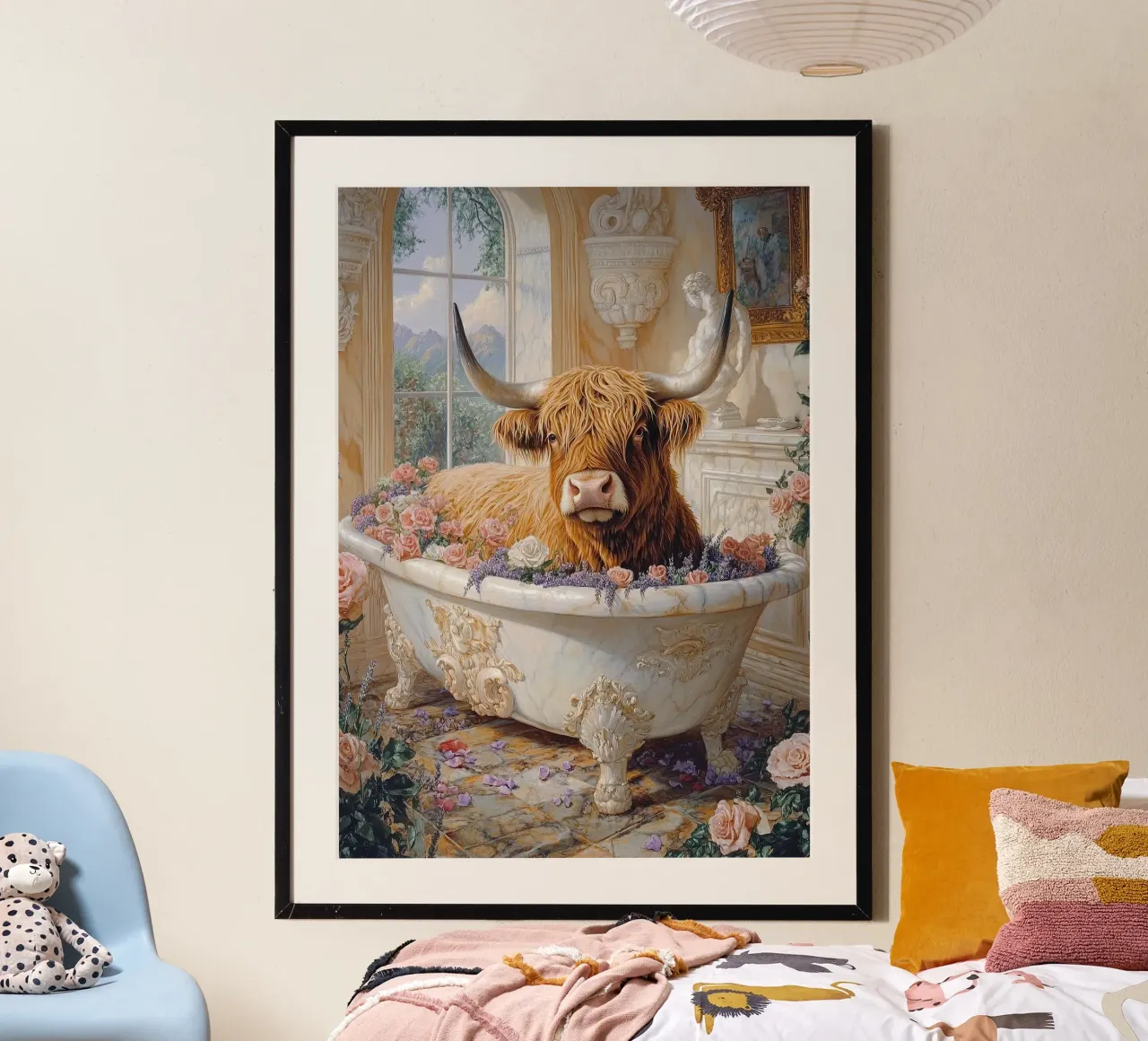Mucca Highland nella vasca da bagno poster da Nikis Art Studio