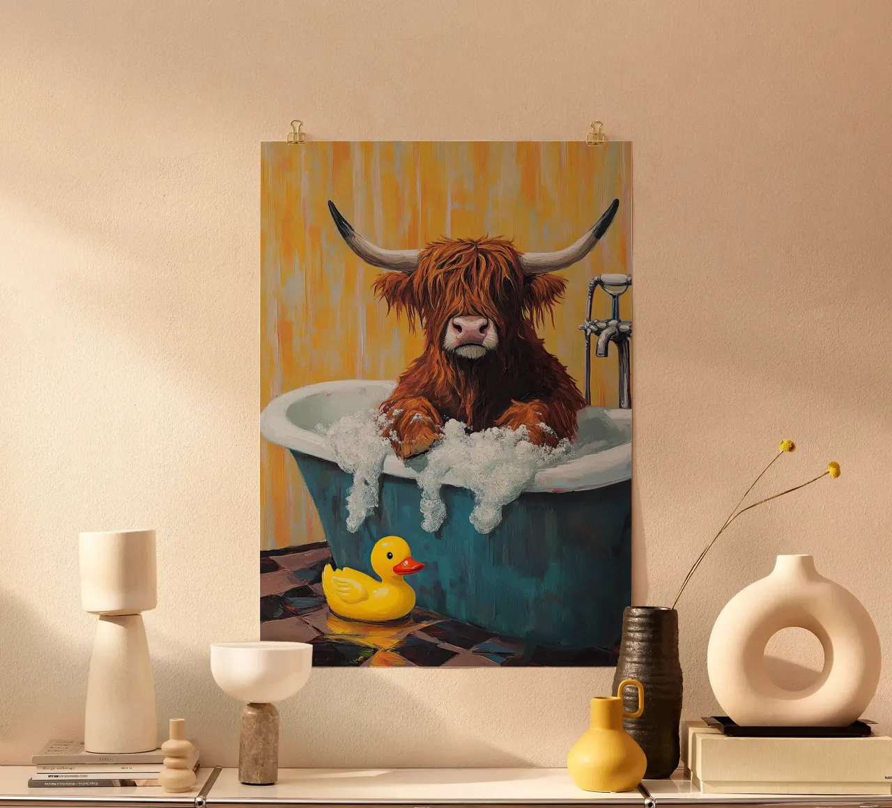 Mucca Highland nella vasca da bagno carta hahnemühle da Nikis Art Studio