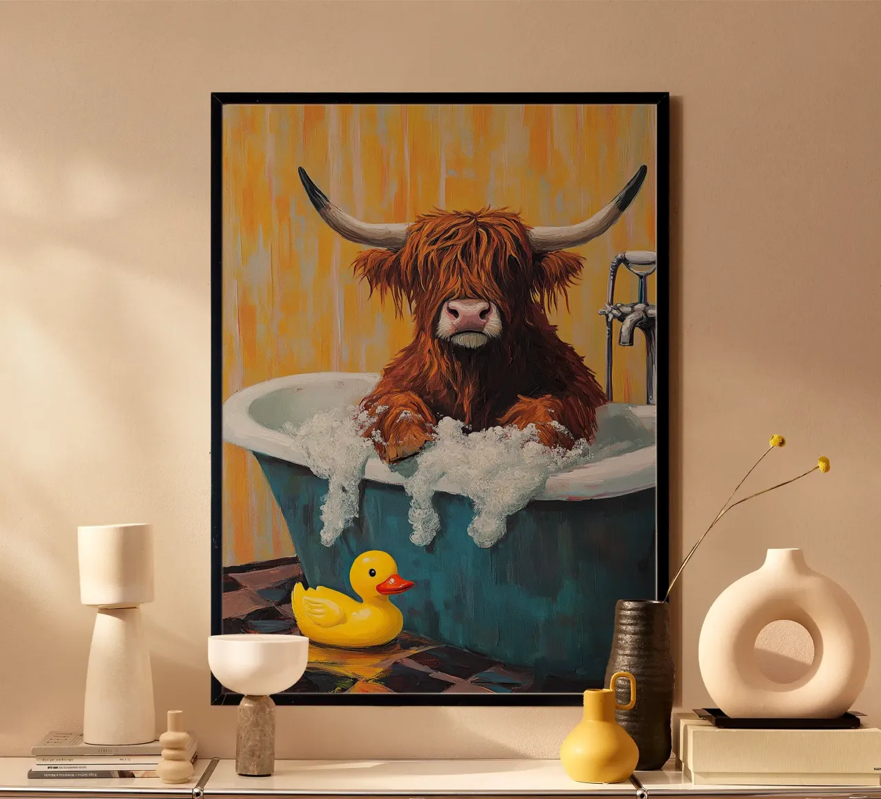 Mucca Highland nella vasca da bagno carta hahnemühle da Nikis Art Studio