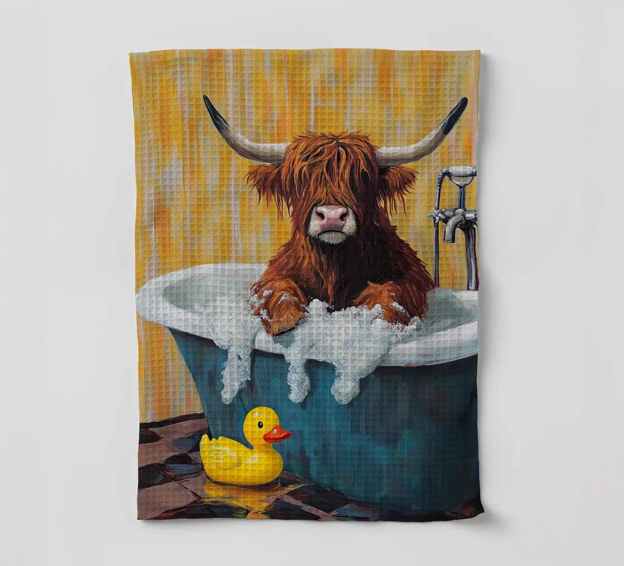 Mucca Highland nella vasca da bagno canovaccio da cucina da Nikis Art Studio