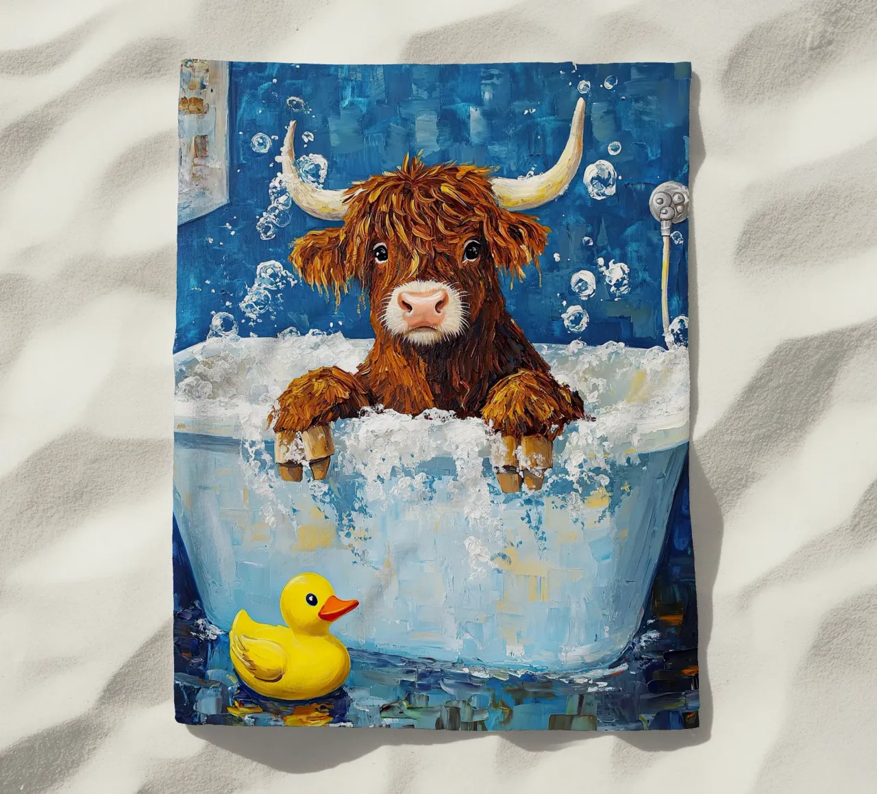 Mucca Highland nella vasca da bagno telo mare da Nikis Art Studio