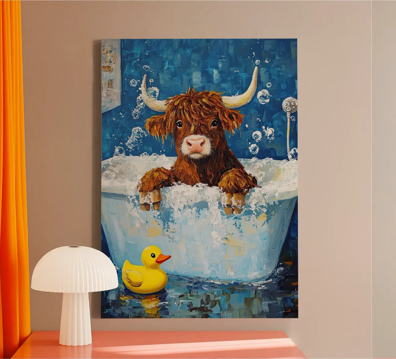 Mucca Highland nella vasca da bagno tela con Cornice a cassetta da Nikis Art Studio