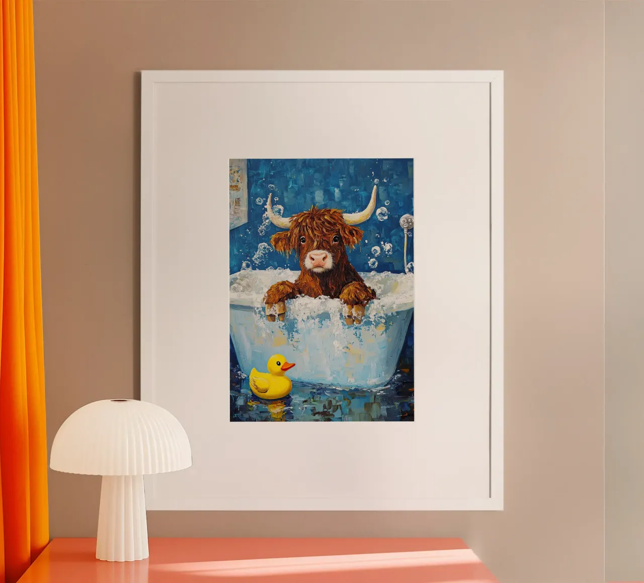 Mucca Highland nella vasca da bagno carta hahnemühle da Nikis Art Studio