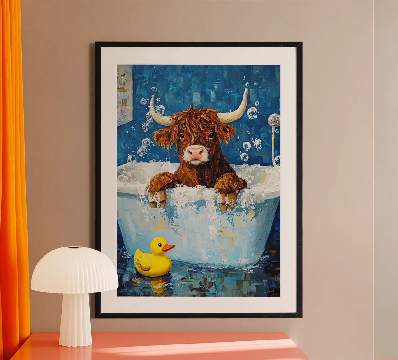 Mucca Highland nella vasca da bagno carta hahnemühle da Nikis Art Studio