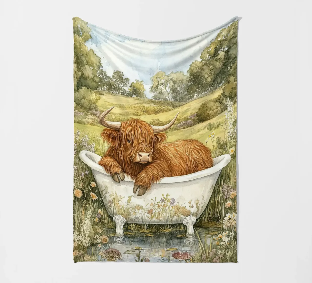 Mucca Highland nella vasca da bagno coperta in pile da Nikis Art Studio