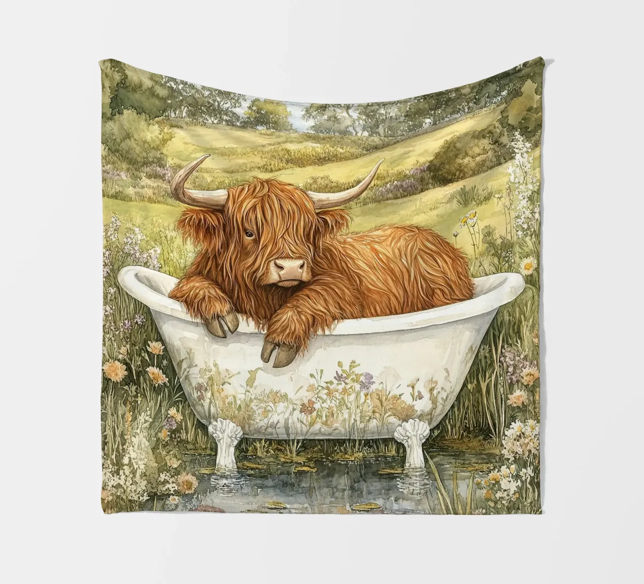 Mucca Highland nella vasca da bagno coperta in pile da Nikis Art Studio