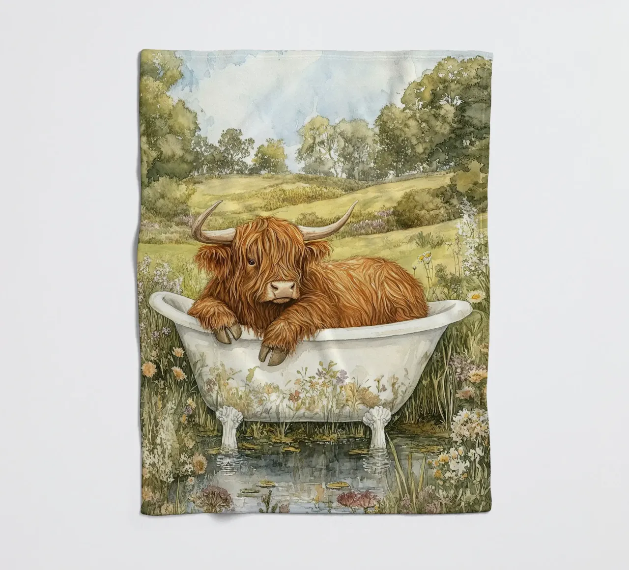 Mucca Highland nella vasca da bagno coperta in pile da Nikis Art Studio