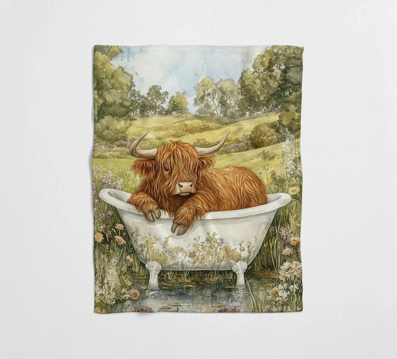 Mucca Highland nella vasca da bagno coperta in pile da Nikis Art Studio