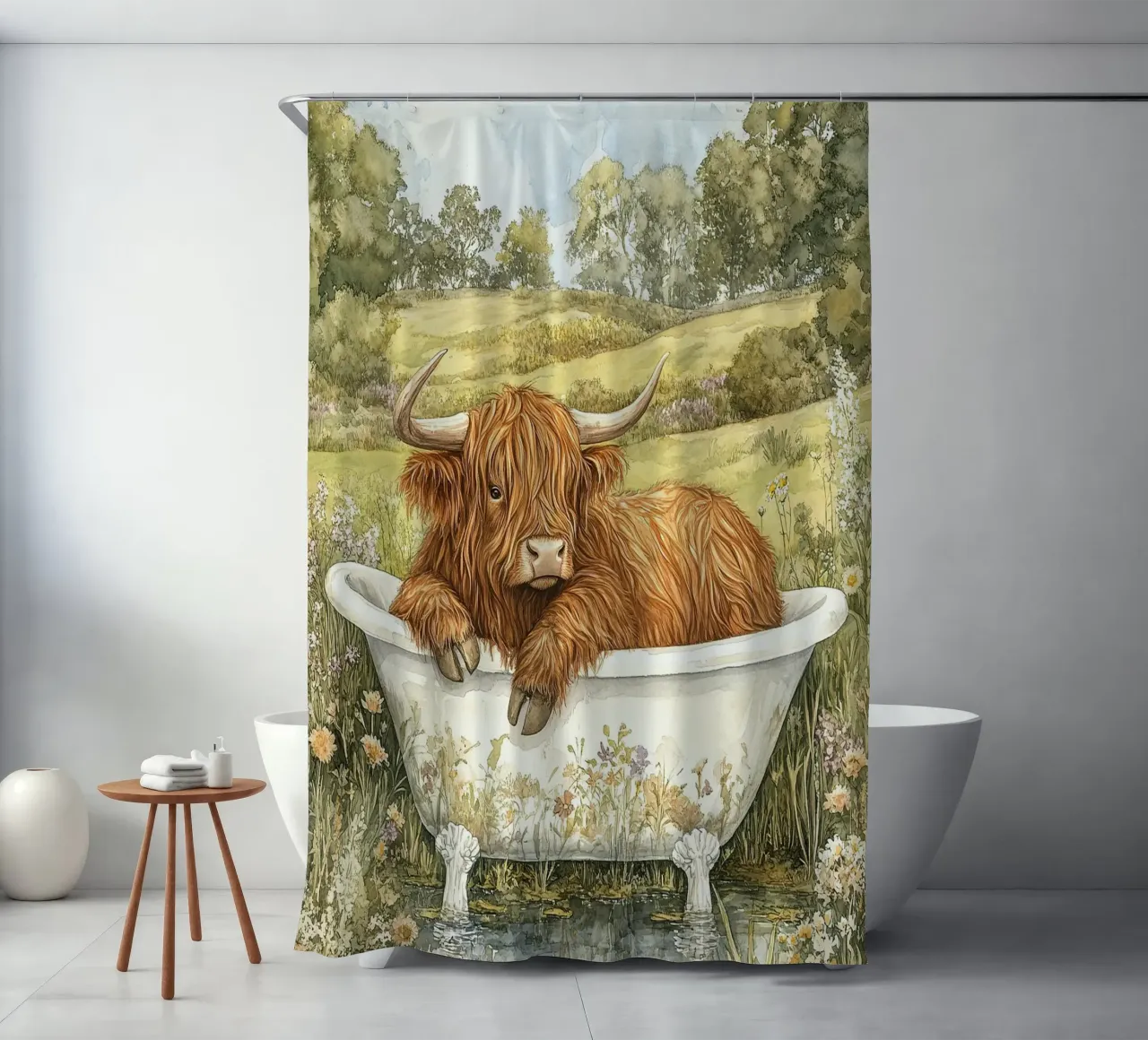 Mucca Highland nella vasca da bagno tenda da doccia da Nikis Art Studio