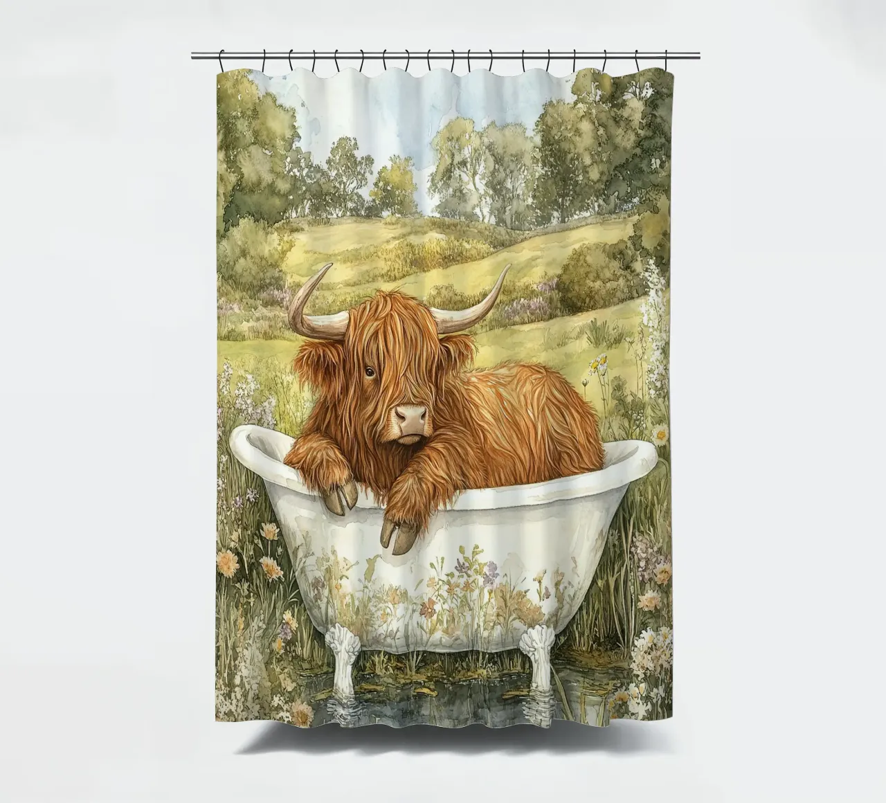Mucca Highland nella vasca da bagno tenda da doccia da Nikis Art Studio